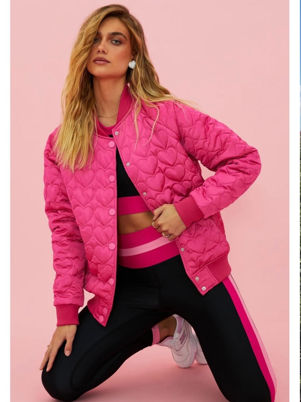 Beach Riot Hot Pink Quilted Heart Bomber Jacket